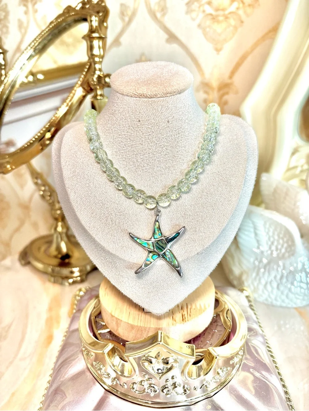 One of a kind starfish Green Beaded Necklace with Abalone Star Pendant -Jewelry